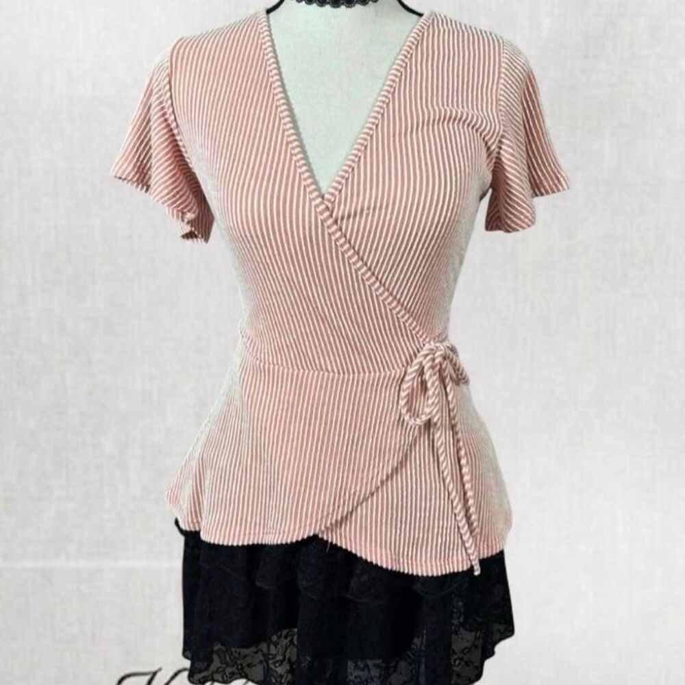Babydoll Coquette Ribbed Light Pink V-Neck Top with Tie